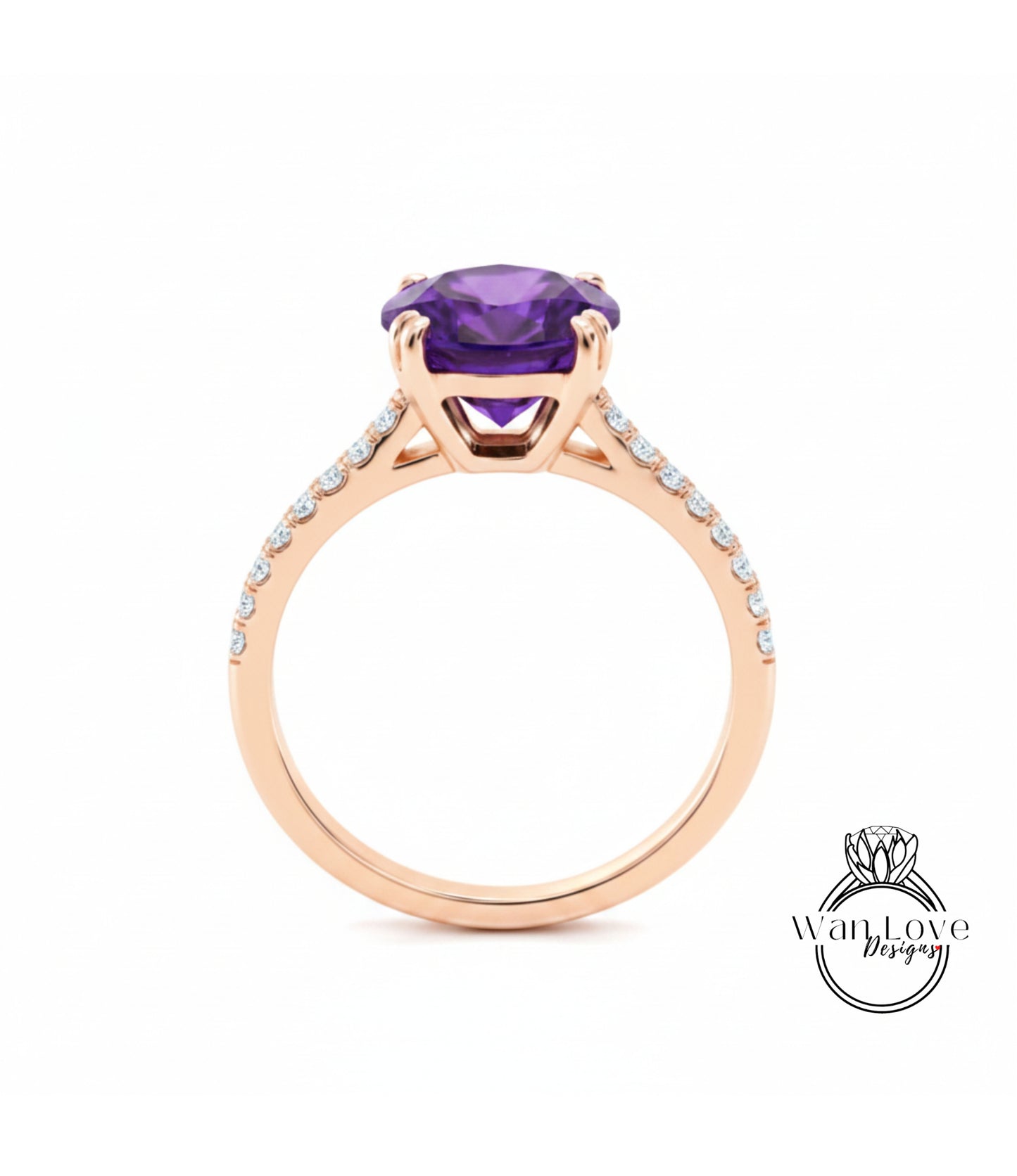 A gold ring with a large purple gemstone set in the center, surrounded by smaller diamonds along the band.