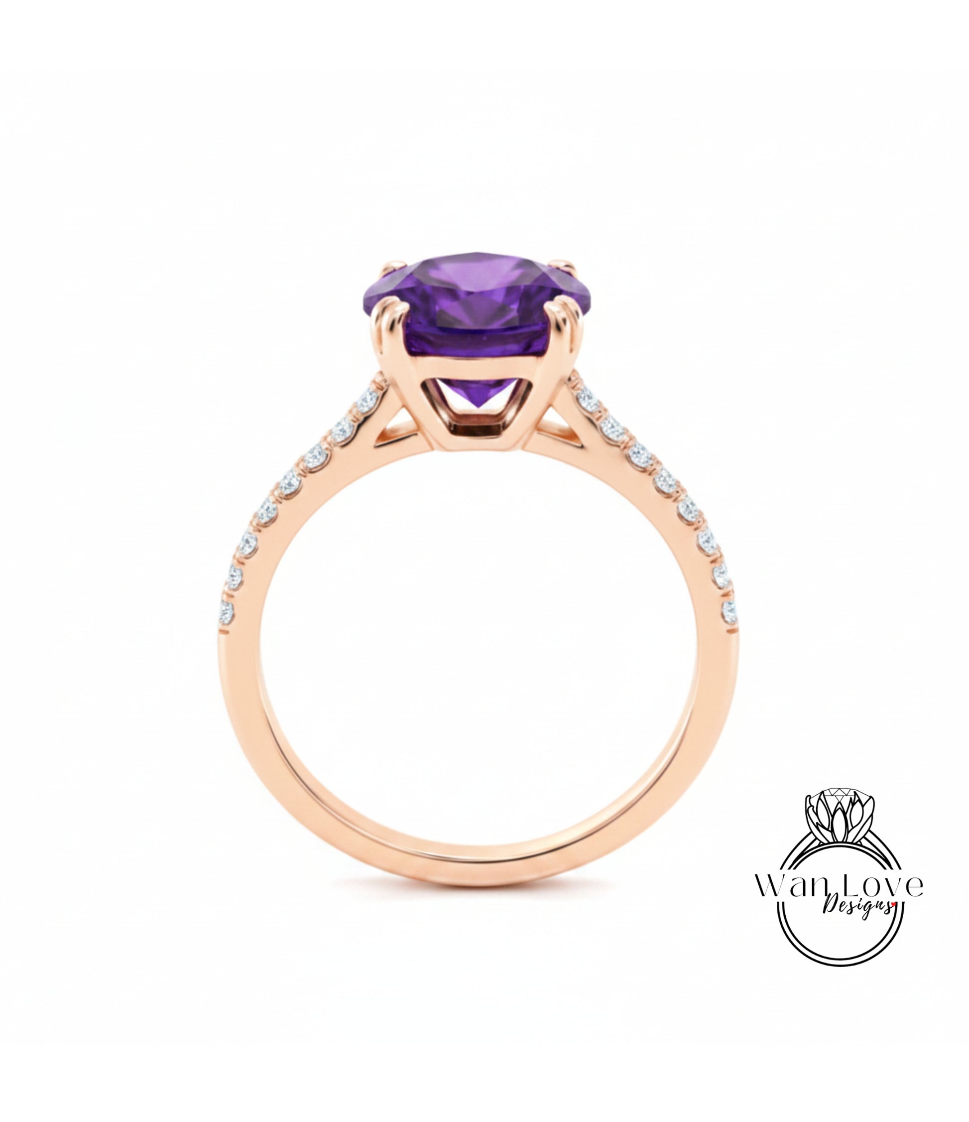 A gold ring with a large purple gemstone set in the center, surrounded by smaller diamonds along the band.