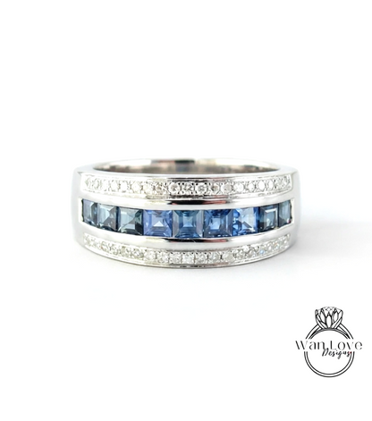 Diamond Men's Blue Sapphire Ring - Sapphire Ring Men - Sapphire Wedding Band - 3 row Band Sapphires - Unique Mens Band - Ring For Men -Ready