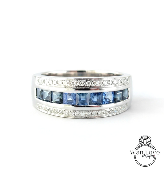 Diamond Men's Blue Sapphire Ring - Sapphire Ring Men - Sapphire Wedding Band - 3 row Band Sapphires - Unique Mens Band - Ring For Men -Ready