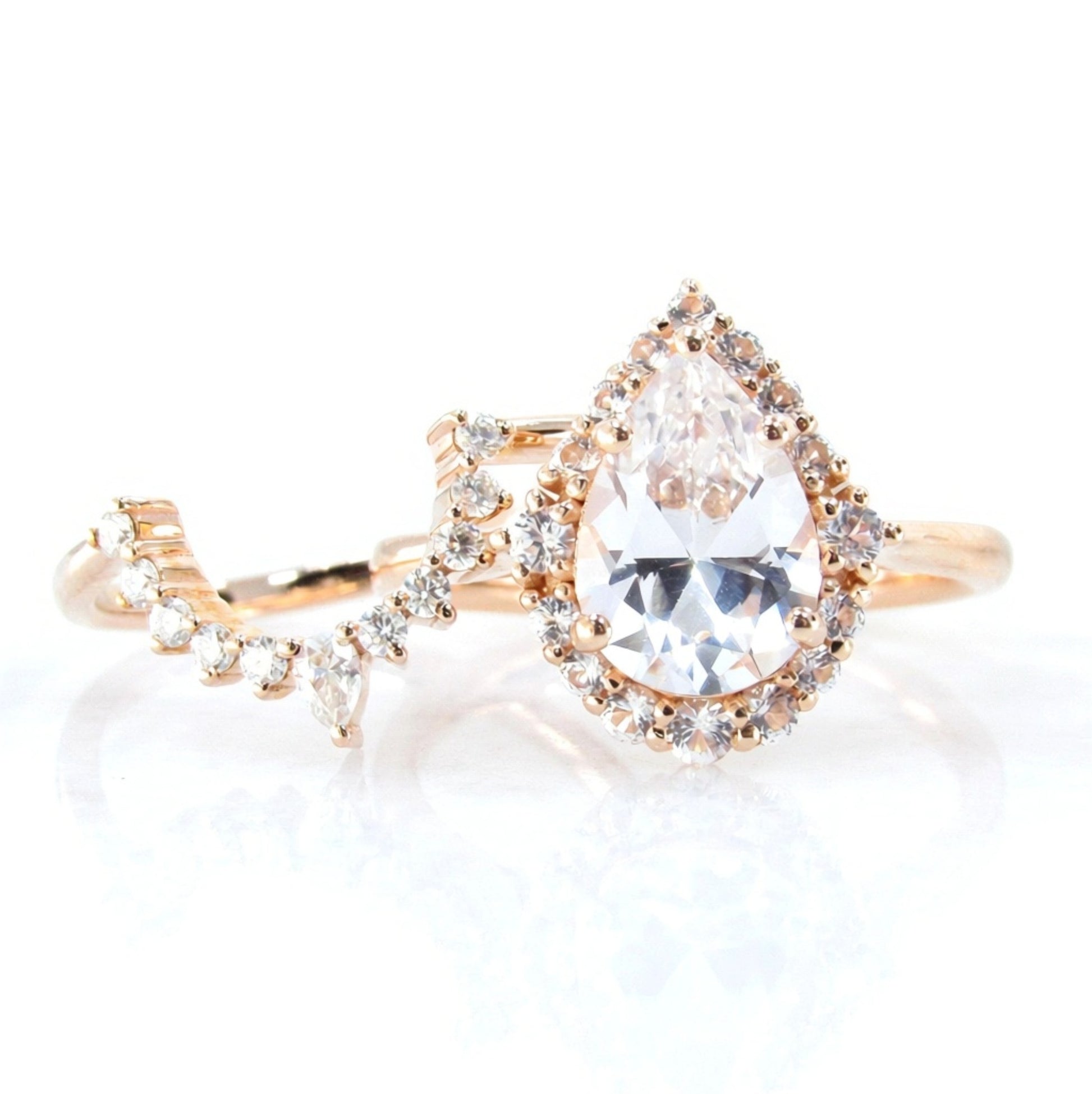 White Sapphire Pear Graduated Halo Engagement Ring Art deco Wedding Band Set 2ct vintage Rose gold pear halo bridal promise aniversary ring