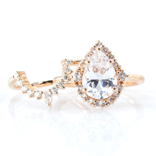 White Sapphire Pear Graduated Halo Engagement Ring Art deco Wedding Band Set 2ct vintage Rose gold pear halo bridal promise aniversary ring