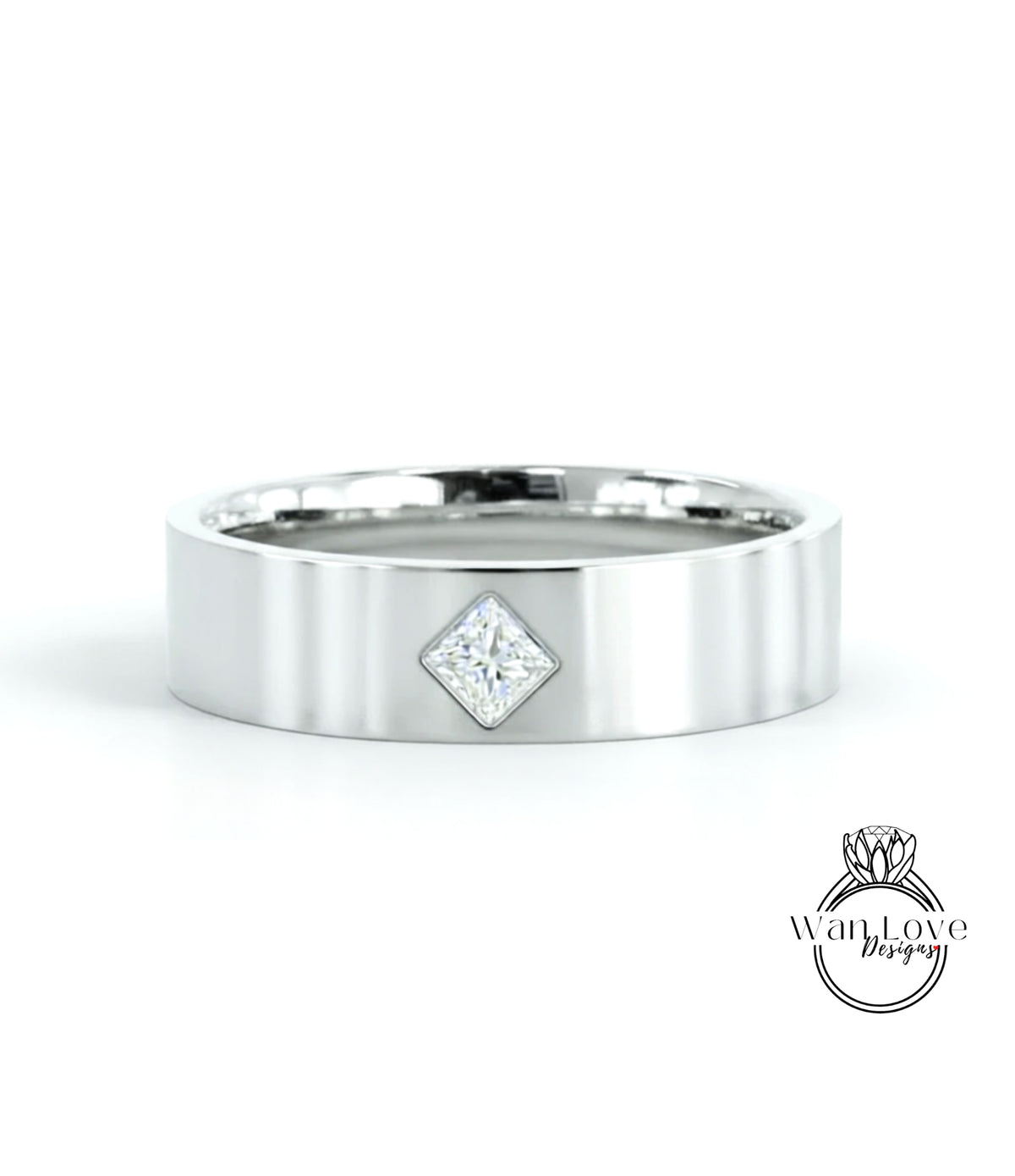 A silver-colored ring with a diamond set in the center.