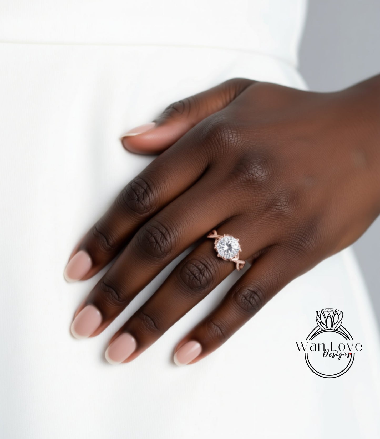 A close-up of a hand wearing a large, round diamond engagement ring.