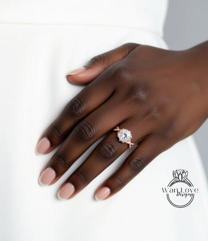 A close-up of a hand wearing a large, round diamond engagement ring.