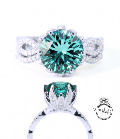 A stunning ring featuring a large, brilliant green gemstone surrounded by a delicate floral design and sparkling diamonds.
