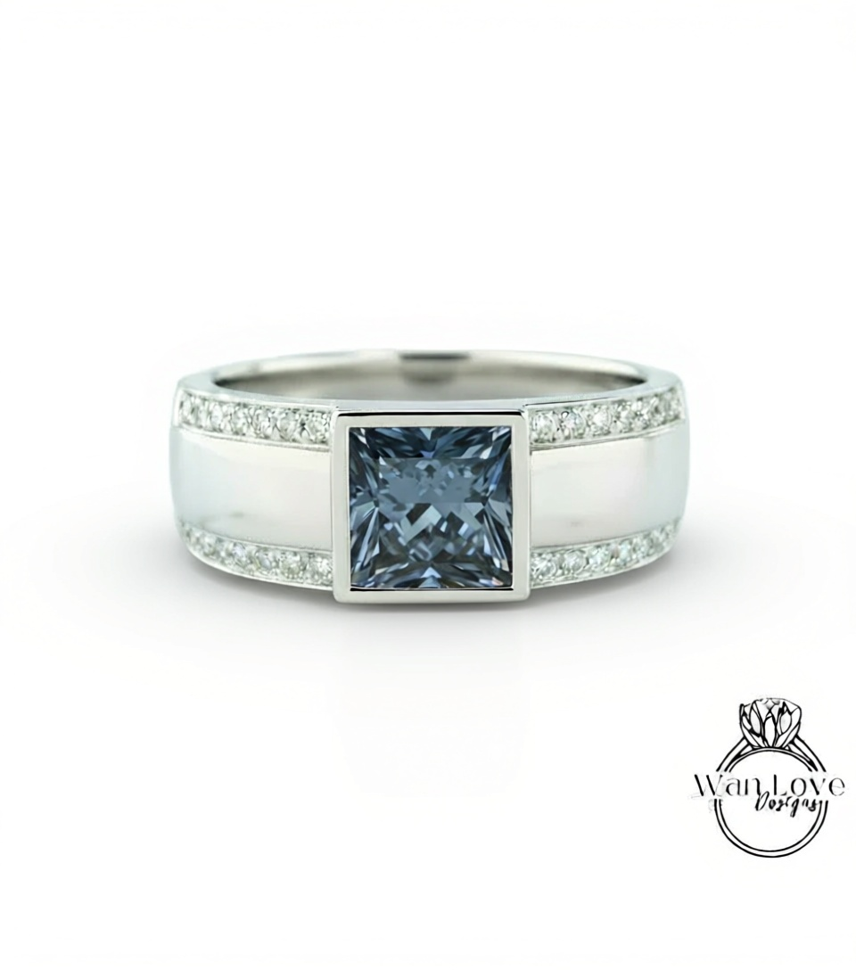 Moissanite Diamond Mens Ring, 14k white gold diamond men's ring, 2 row mans diamond ring, Modern gemstone ring, 14K White Gold, Wedding Band