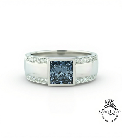 Moissanite Diamond Mens Ring, 14k white gold diamond men's ring, 2 row mans diamond ring, Modern gemstone ring, 14K White Gold, Wedding Band