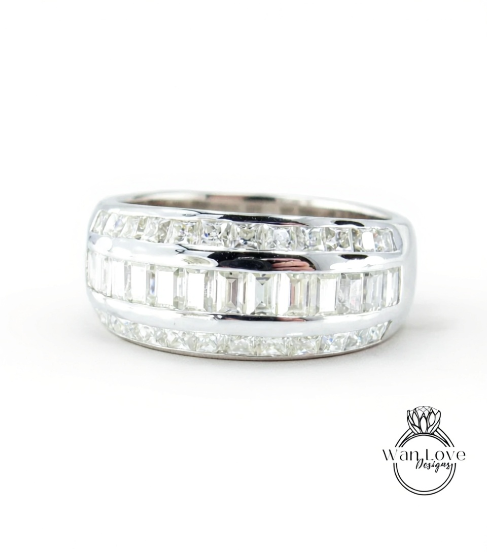 Moissanite Channel set Baguette Princess Wedding Band,Mans Ring,Custom,Engagement,Pinky,White Gold,Commitment,Anniversary Gift-Ready to Ship