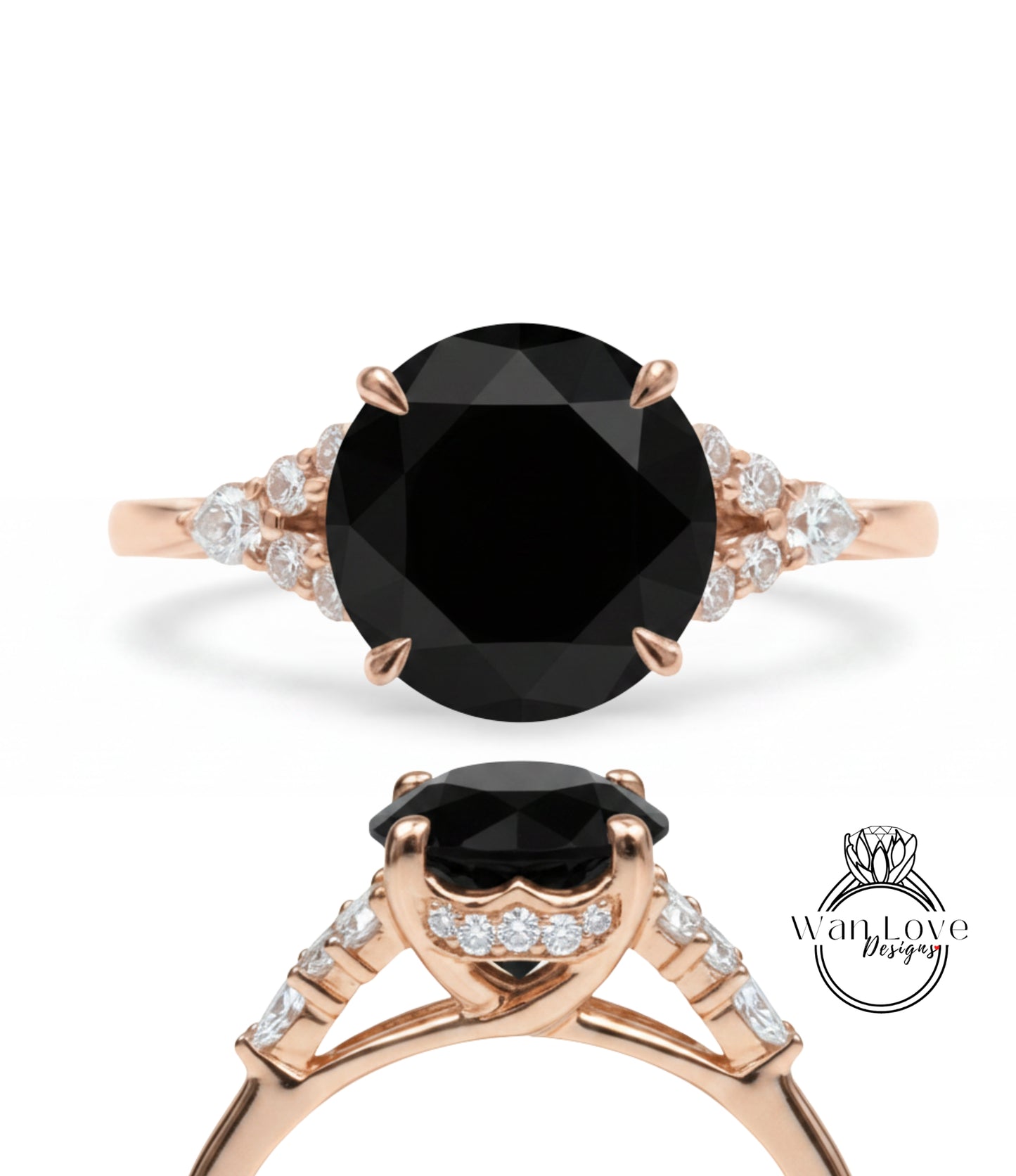 a rose gold engagement ring with a large black diamond as the centerpiece. The ring is adorned with smaller diamonds and has a delicate design.