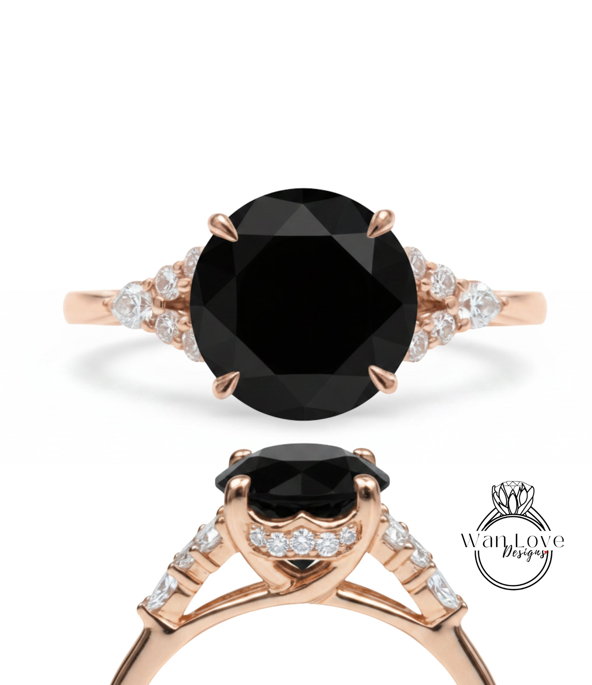 a rose gold engagement ring with a large black diamond as the centerpiece. The ring is adorned with smaller diamonds and has a delicate design.