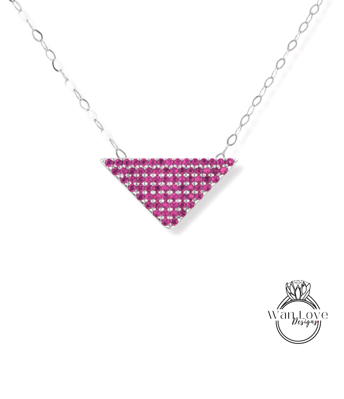 A necklace with a triangular pendant made of small, clear gemstones in a pink color.