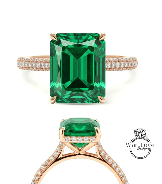 A stunning engagement ring with a large, vibrant green gemstone set in a rose gold band adorned with small diamonds.