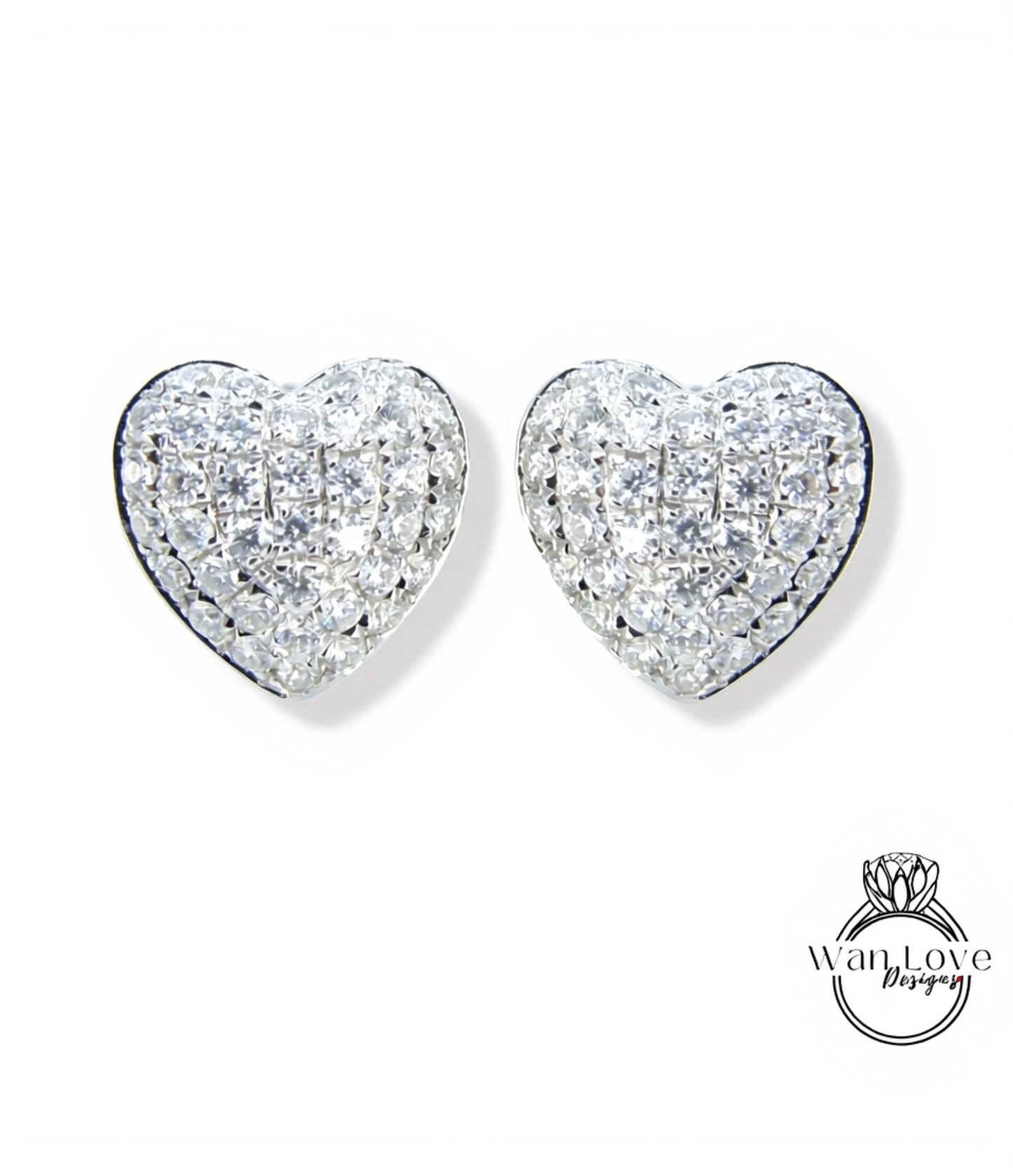 Heart Pave Earrings Moissanite White Gold Pave Pillow Puff Dome, Custom, Wedding, Anniversary Gift, Ready to Ship Wan Love Designs