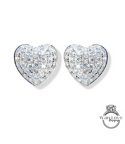 Heart Pave Earrings Moissanite White Gold Pave Pillow Puff Dome, Custom, Wedding, Anniversary Gift, Ready to Ship Wan Love Designs