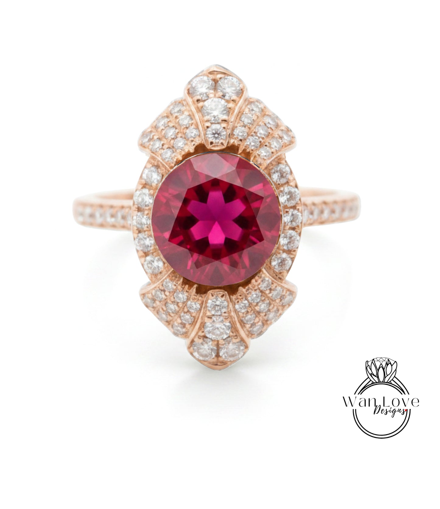 A stunning pink gemstone ring with a large central gemstone surrounded by smaller diamonds set in an intricate, ornate design.