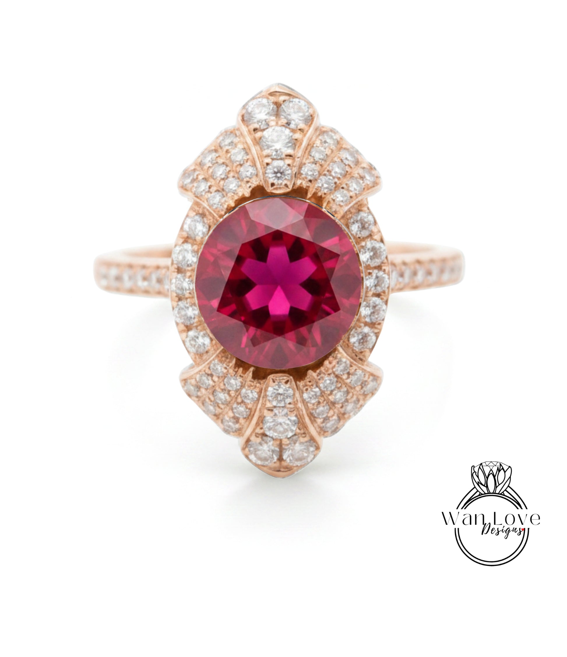A stunning pink gemstone ring with a large central gemstone surrounded by smaller diamonds set in an intricate, ornate design.