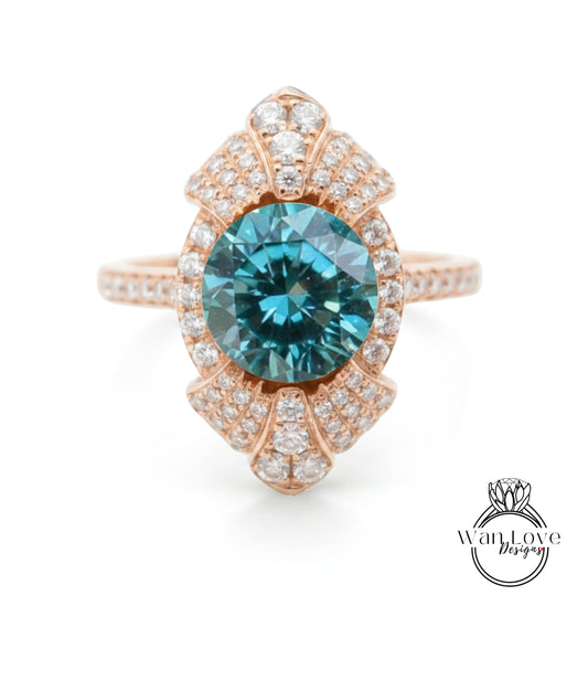 A stunning ring featuring a large blue gemstone surrounded by a halo of smaller diamonds, set in a rose gold band.