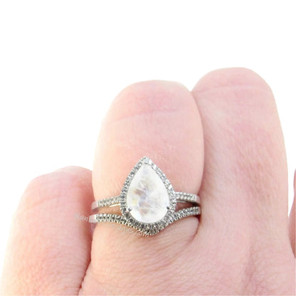 Moonstone Pear Halo Engagement Ring set, V chevron Curved Wedding Band set 2ct moon stone pear halo ring set bridal wedding Gift, Ready