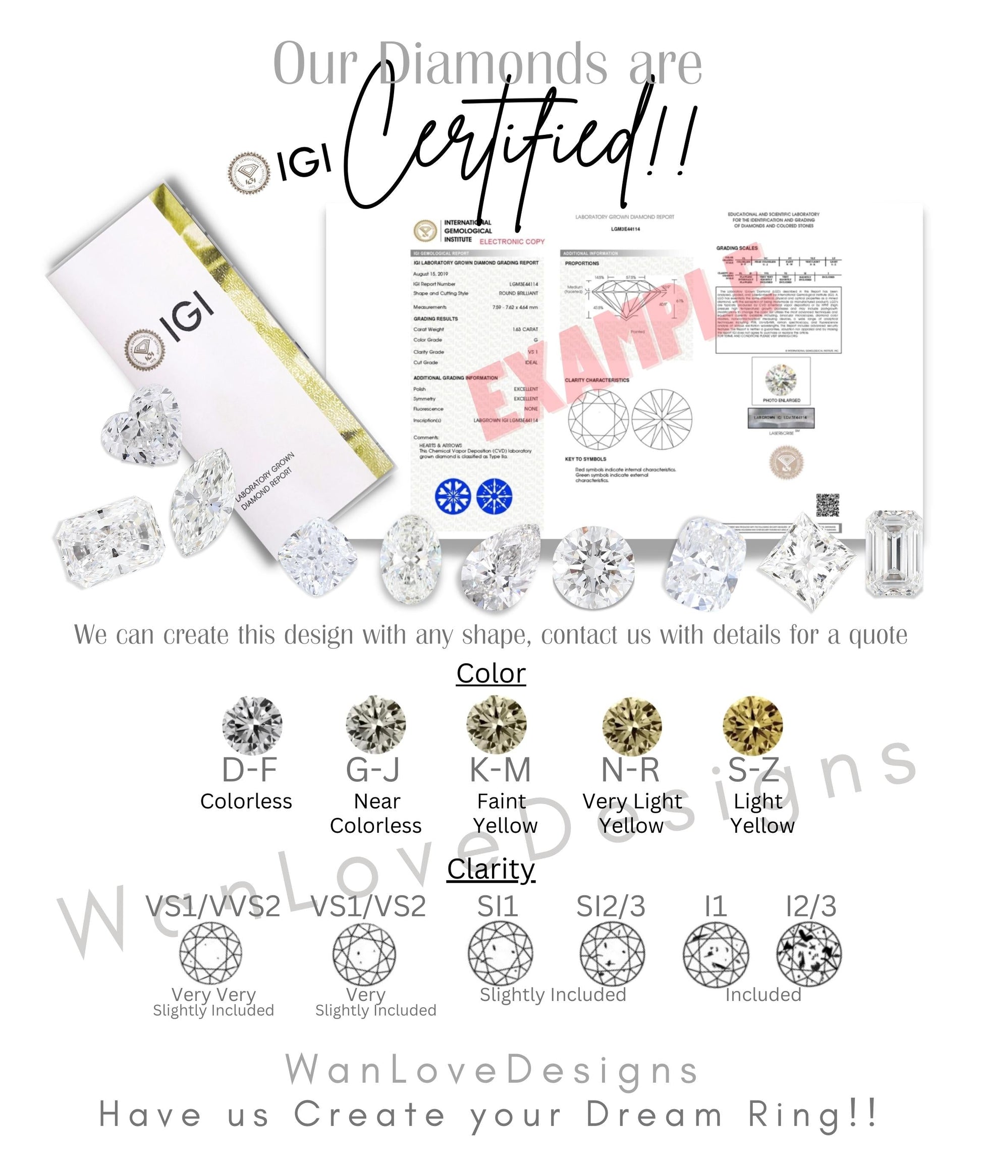 The image is a promotional poster for a jewelry store, showcasing various diamonds with different colors and clarity levels. The text highlights that the diamonds are certified and can be used to create custom designs, and the store encourages customers to contact them for more information.