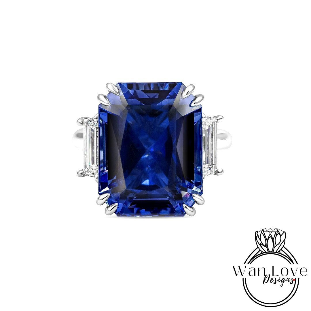 6ct Blue Sapphire Emerald cut Engagement Ring, Radiant Sapphire Moissanite diamond Baguette ring solid white gold, Royal Blue sapphire ring Wan Love Designs