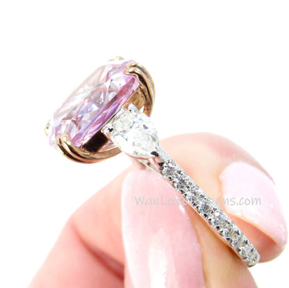 6ct Light Pink Sapphire Moissanite 3 Gemstone Engagement Ring Elongated Cushion cut Pear ring three gem stone ring Wedding Anniversary Gift Wan Love Designs
