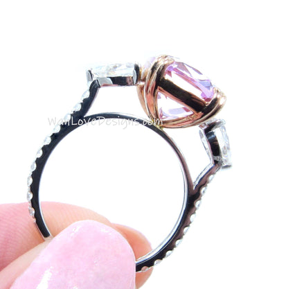 6ct Light Pink Sapphire Moissanite 3 Gemstone Engagement Ring Elongated Cushion cut Pear ring three gem stone ring Wedding Anniversary Gift Wan Love Designs