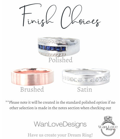 three different types of rings: a polished ring with blue gemstones, a brushed ring, and a satin ring. The text indicates that the choice of ring will depend on the customer's selection in the notes section, and that the final decision will be made in the standard polished option if no other selection is made. The image is from WanLove Designs, and it encourages customers to create their dream ring.