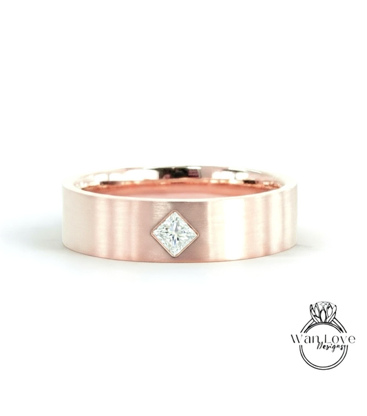 Gold Diamond Men's Band vintage princess cut kite set wedding ring unique Art Deco Geometric ring promise anniversary ring solid gold band