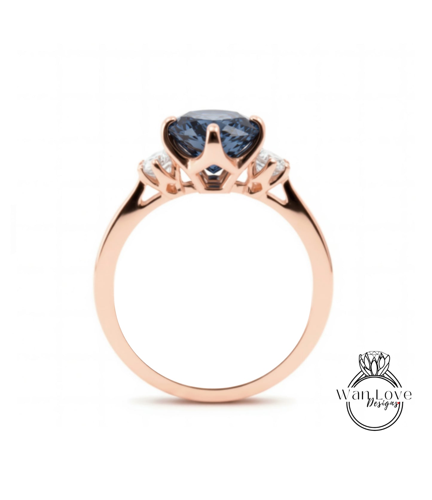 A rose gold ring with a large blue gemstone set in the center.