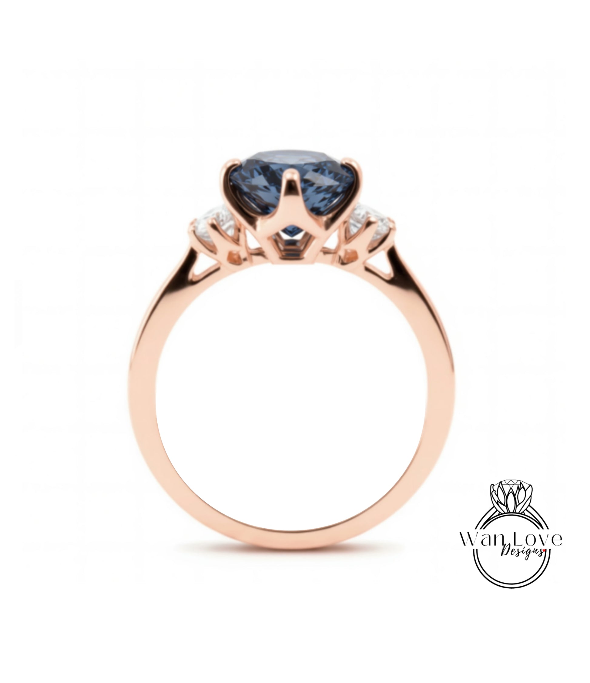 A rose gold ring with a large blue gemstone set in the center.