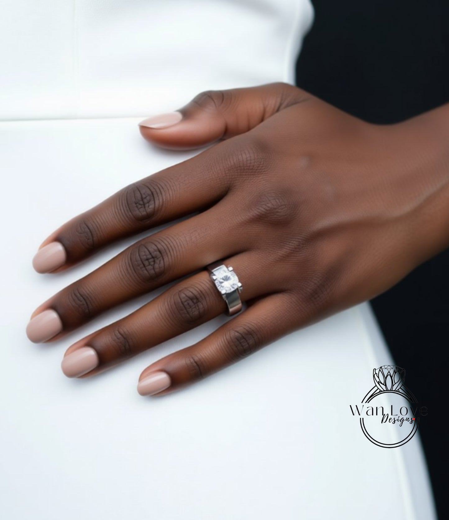 A close-up of a hand wearing a diamond engagement ring.