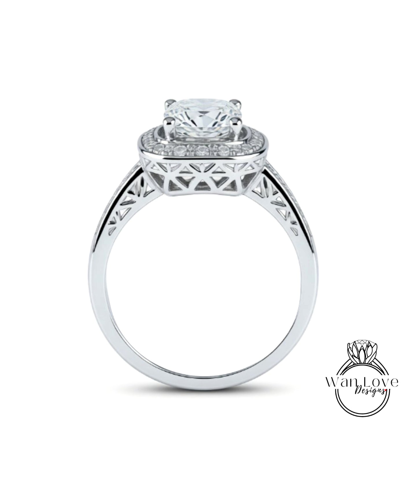 A silver engagement ring with a large central diamond surrounded by smaller diamonds, set in an intricate metal band.