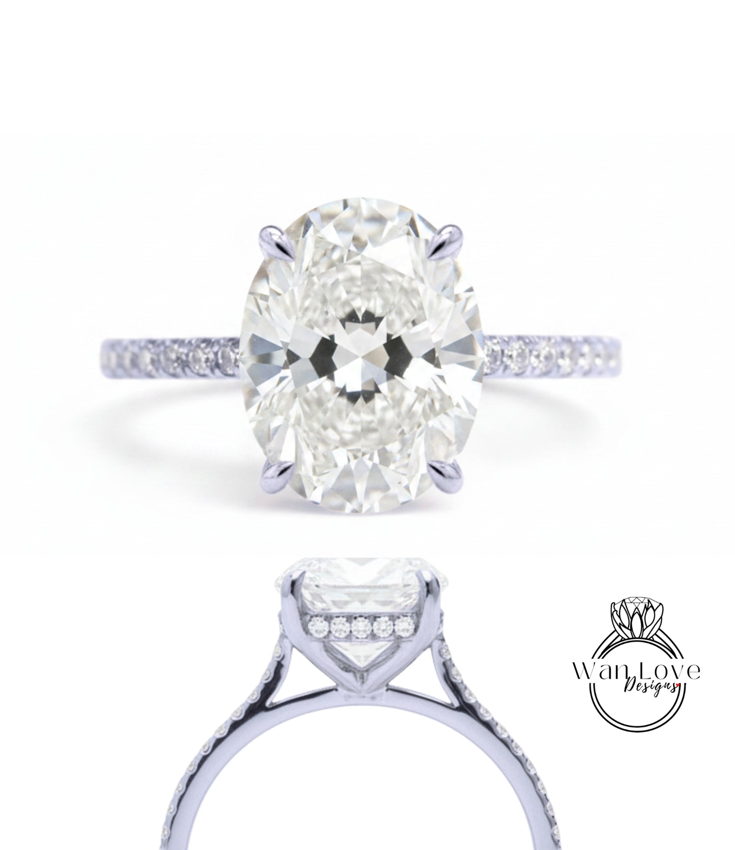 A close-up view of a diamond engagement ring with a large oval-shaped diamond set in a solitaire ring band.