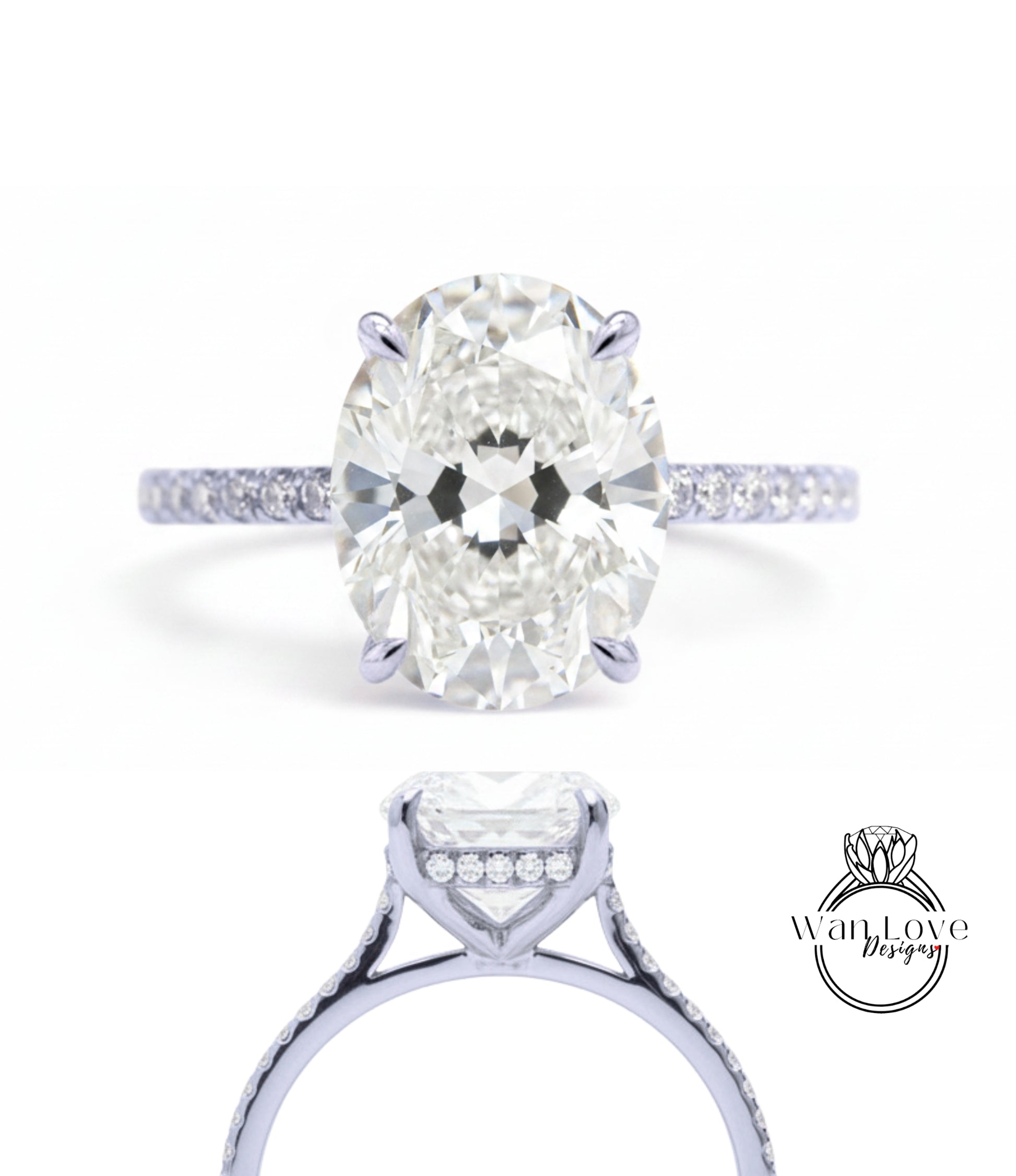 A close-up view of a diamond engagement ring with a large oval-shaped diamond set in a solitaire ring band.