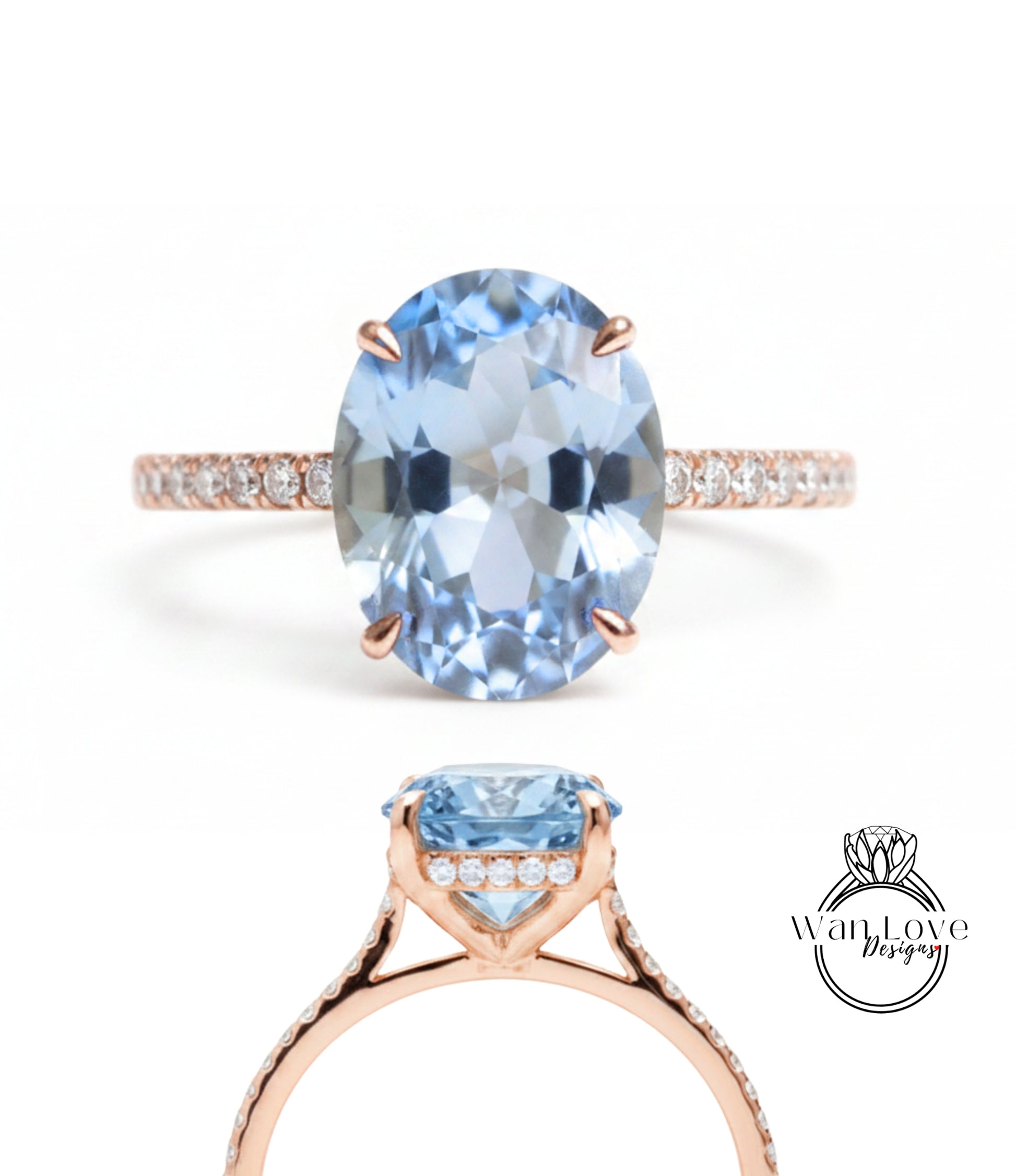 A beautiful blue gemstone ring with a rose gold band and a small diamond accent.