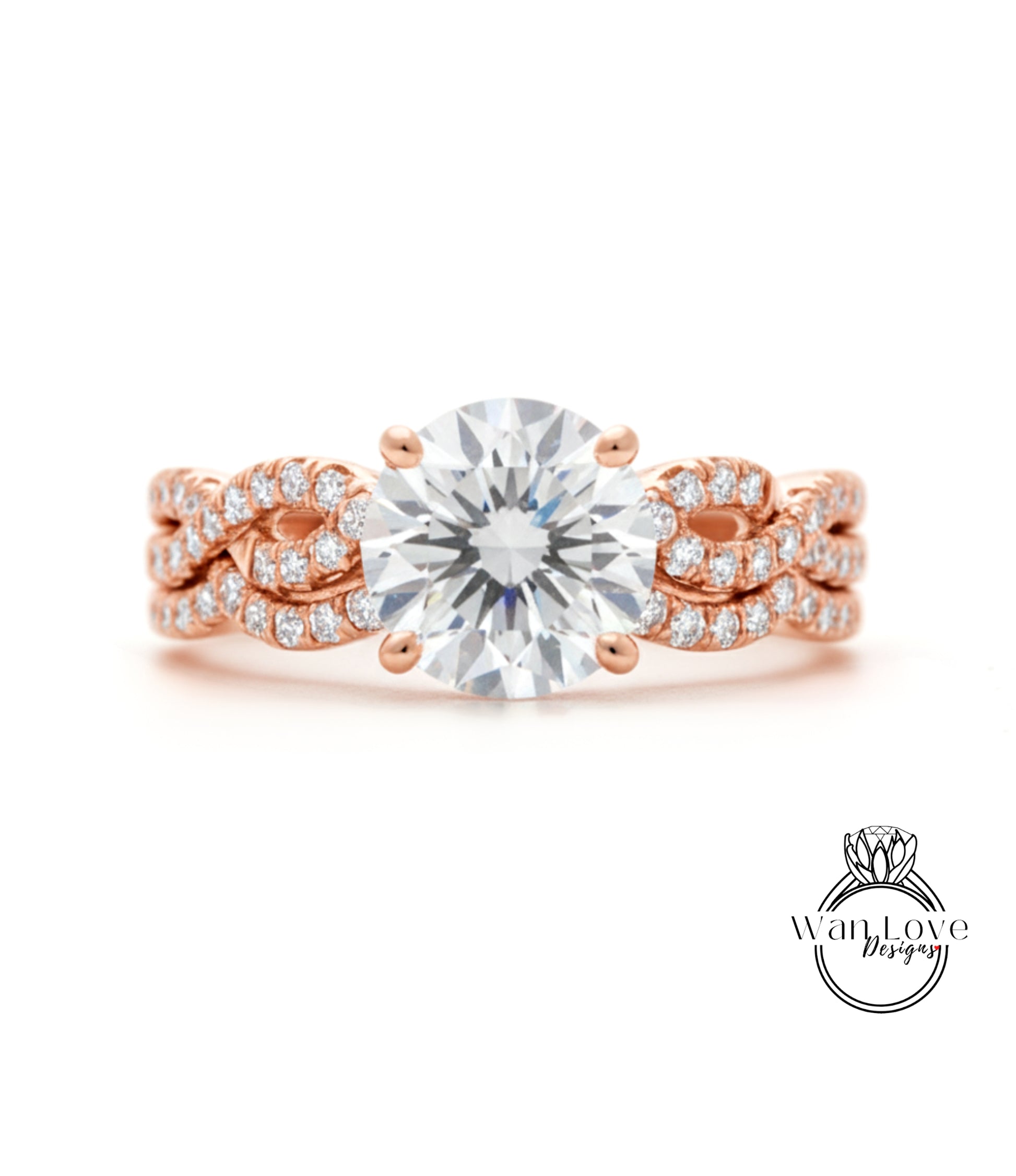 A close-up of a beautiful engagement ring with a large, brilliant-cut diamond set in a twisted, rose gold band adorned with small diamonds.