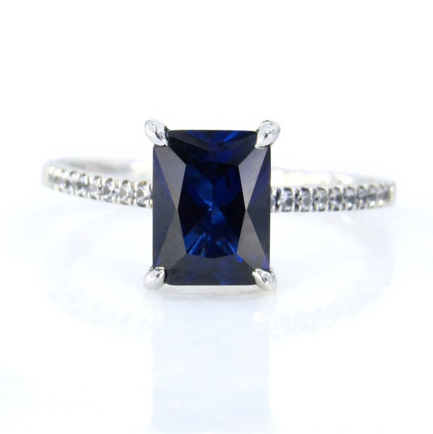 Half Eternity 2ct Emerald cut Blue & White Sapphire Engagement Ring Art Deco 1920's Inspired Dainty Thin Petite Band, Ready to Ship Ring Wan Love Designs