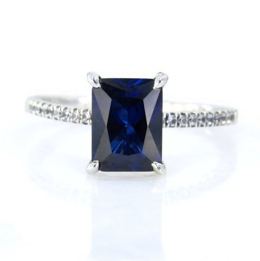 Half Eternity 2ct Emerald cut Blue & White Sapphire Engagement Ring Art Deco 1920's Inspired Dainty Thin Petite Band, Ready to Ship Ring Wan Love Designs