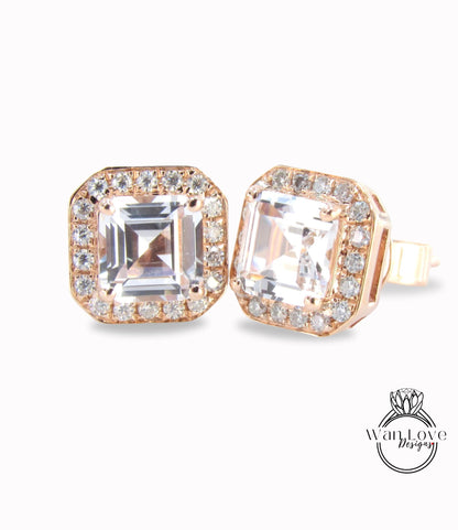 White Sapphire earrings|Vintage square cut rose gold earrings|Unique Hexagon halo earrings|Art Deco halo earrings|Wedding Anniversary studs