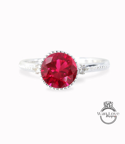 Ruby Diamond Milgrain Bezel Round 3 Gem stone Engagement Ring, Custom Wedding 14kt 18kt Gold, Platinum, WanLoveDesigns