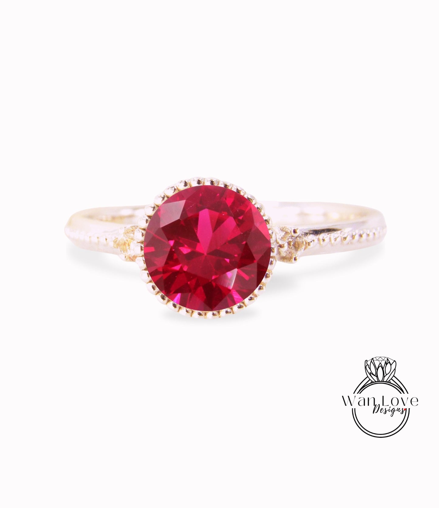 Ruby Diamond Milgrain Bezel Round 3 Gem stone Engagement Ring, Custom Wedding 14kt 18kt Gold, Platinum, WanLoveDesigns