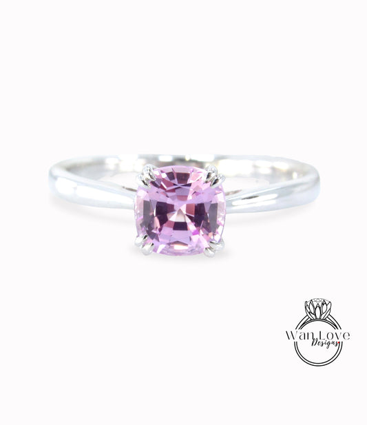 1.25ct Tapered Band Cushion Cut Pink Sapphire Solitaire Ring Cathedral, 4 Double Prongs, Pink Sapphire Engagement Ring, Ready to ship Ring