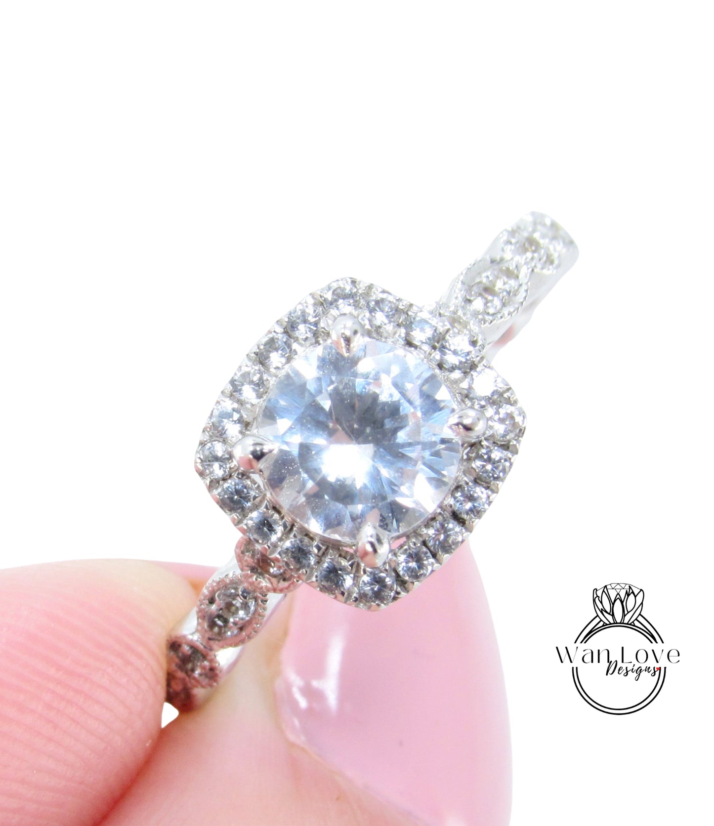 Round White Sapphire engagement ring Vintage Cushion halo bridal ring antique milgrain wedding ring promise Anniversary promise ring Ready