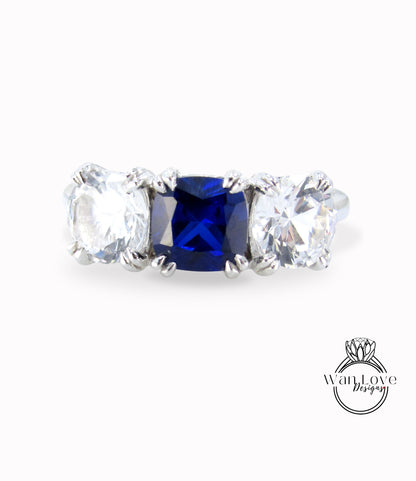 Anello di fidanzamento rotondo con 3 pietre di zaffiro blu e bianco, rotondo, 1,5 ct, 1 ct, 6 mm, argento 925, con rodio, regalo di anniversario personalizzato, pronto per la spedizione