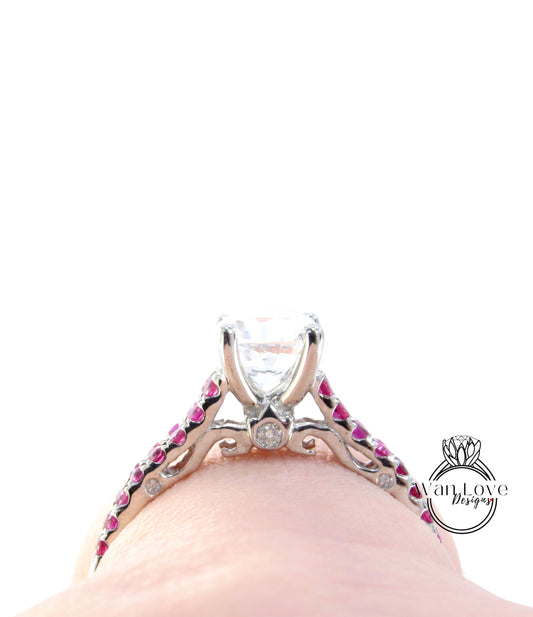 Anello di fidanzamento con rubino e zaffiro bianco, anello a taglio rotondo, anello con diamanti, 2 anelli a doppia fila, anello milgrain, anello anniversario, anello vintage, anello di promessa.