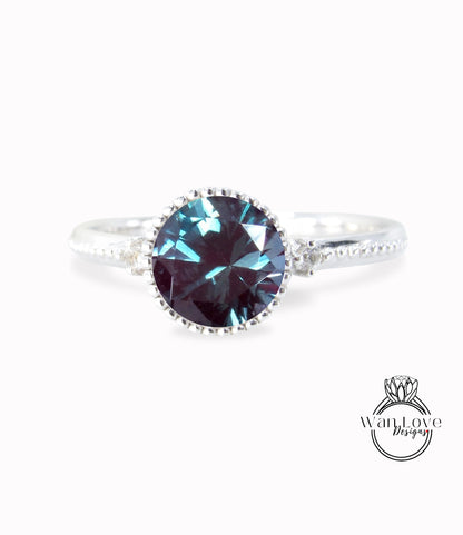 Alexandrite Round Diamond Ring, Round Cut Alexandrite Ring in Milgrain Bezel Setting, 3 Gem Stone Round Engagement Ring