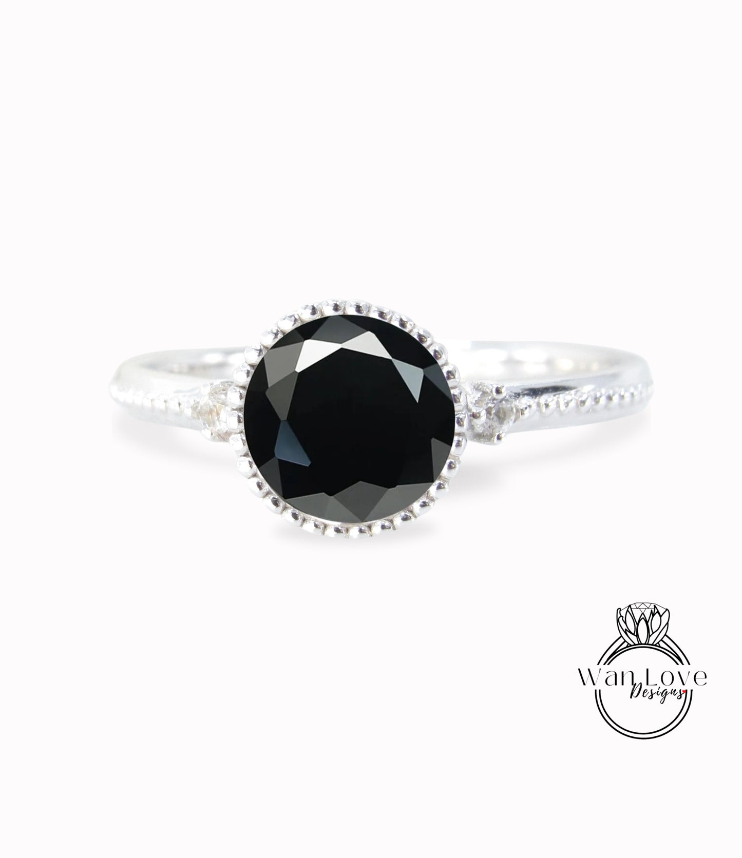 Lunetta con spinello nero Diamante rotondo Art Déco Vintage 3 pietre preziose CON anello di fidanzamento Milgrain, WanLoveDesigns