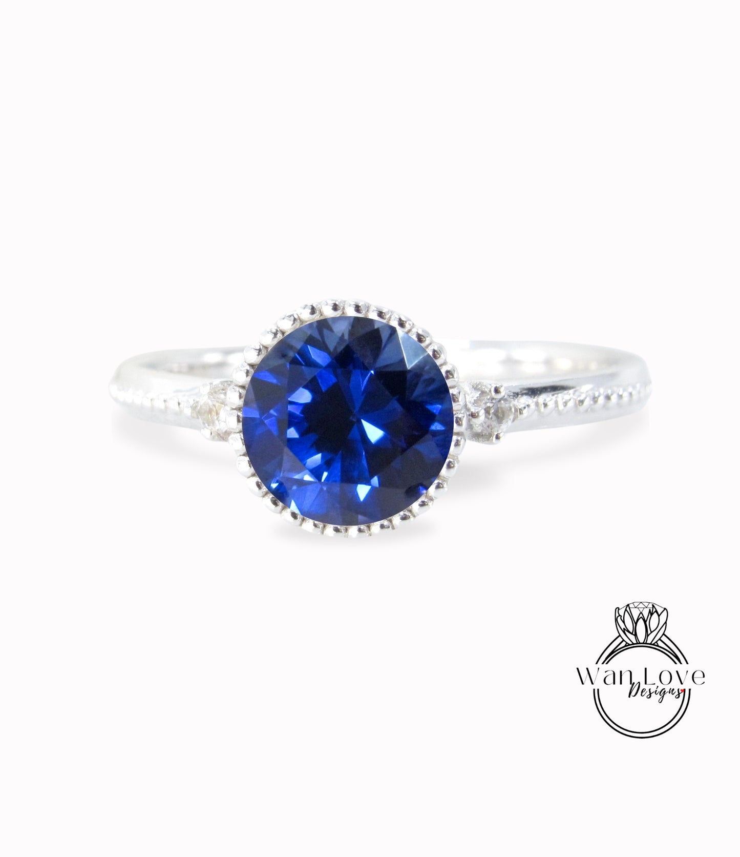 Blue Sapphire Round Diamond Ring, Round Cut Sapphire Ring in Milgrain Bezel Setting, 3 Gem Stone Round Engagement Ring