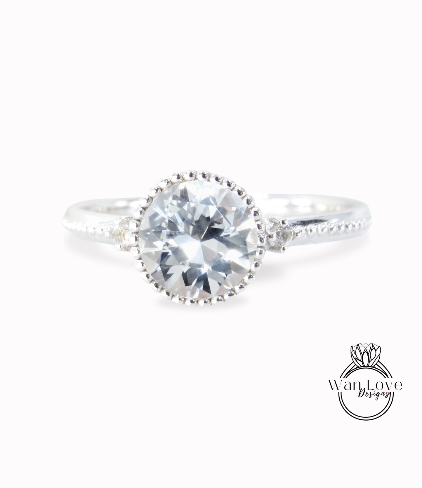 Anello di fidanzamento con pietra preziosa rotonda con castone Milgrain con diamante bianco e zaffiro, matrimonio personalizzato